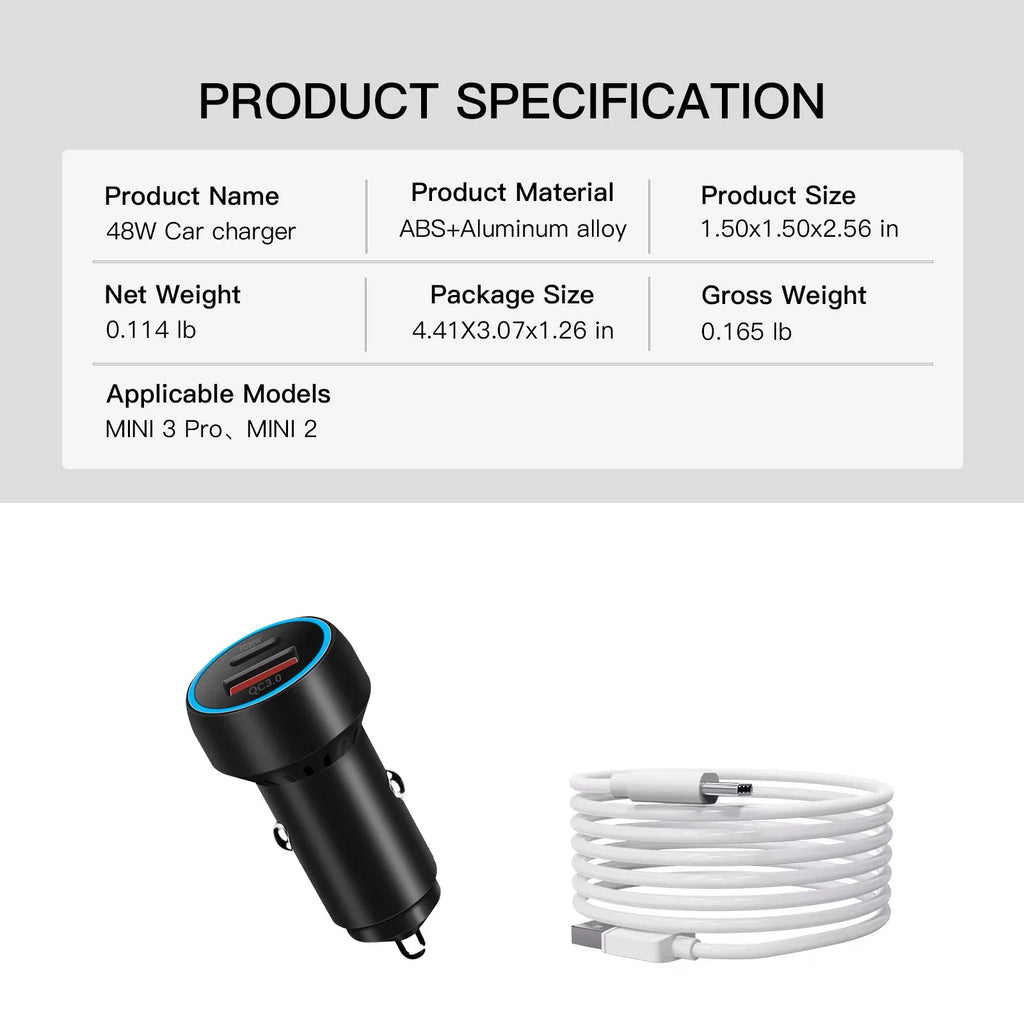 Super Fast USB-C Charging Adapter QC3.0 PD Car Charger DJI Mini 2/Mini 3 Pro