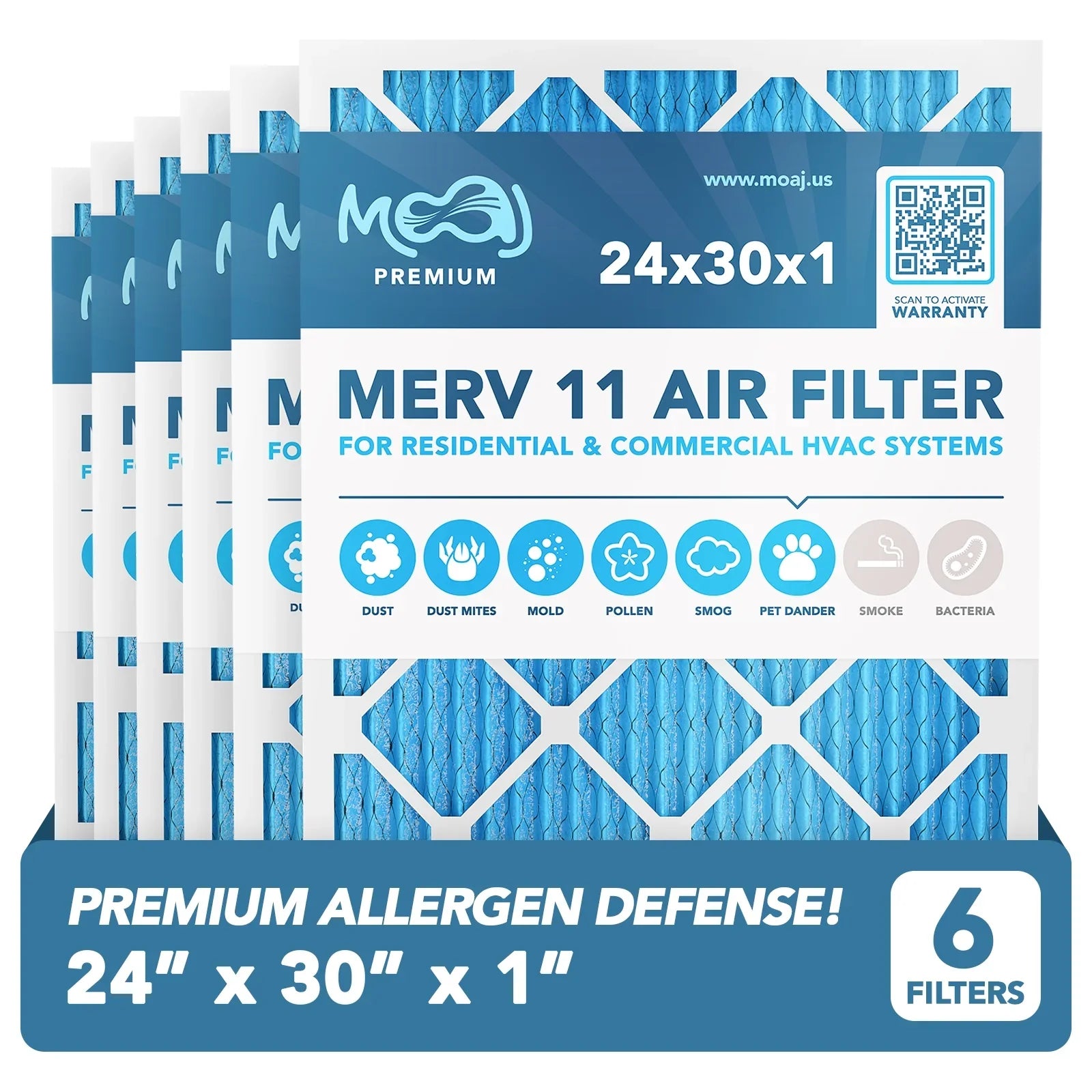 24x30x1 Air Filter (6-PACK) | MERV 11 | MOAJ Premium Allergen Defense | BASED IN USA | Pleated Replacement Air Filters AC & Furnace Applications | Actual Dimensions: 23.70" x 29.70" x 0.75" (in.)