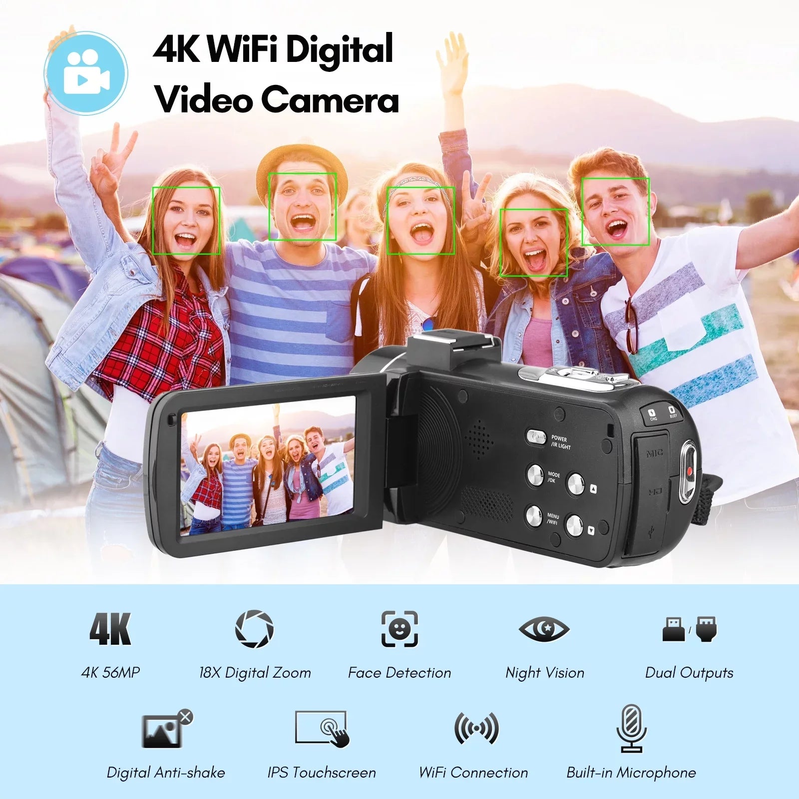 Andoer 4K Digital Video WiFi Camcorder DV Recorder 56MP 18X Digital Zoom 3.0 Inch IPS Touchscreen Supports Face Detection IR Night Vision -shake with 2pcs Batteries + Remote Control + Carry Bag