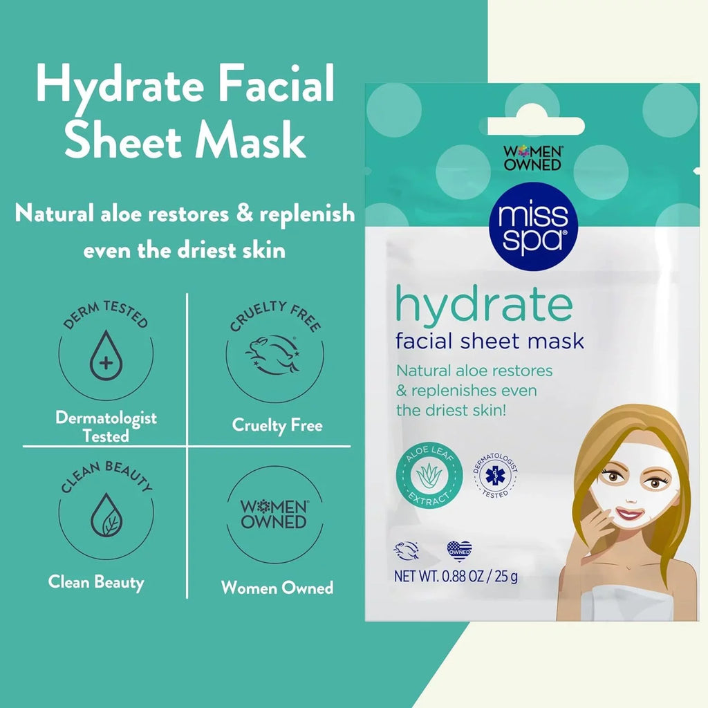 Miss Spa Hydrating Face Sheet Mask with Aloe, Skin Care Women, 4-Pack