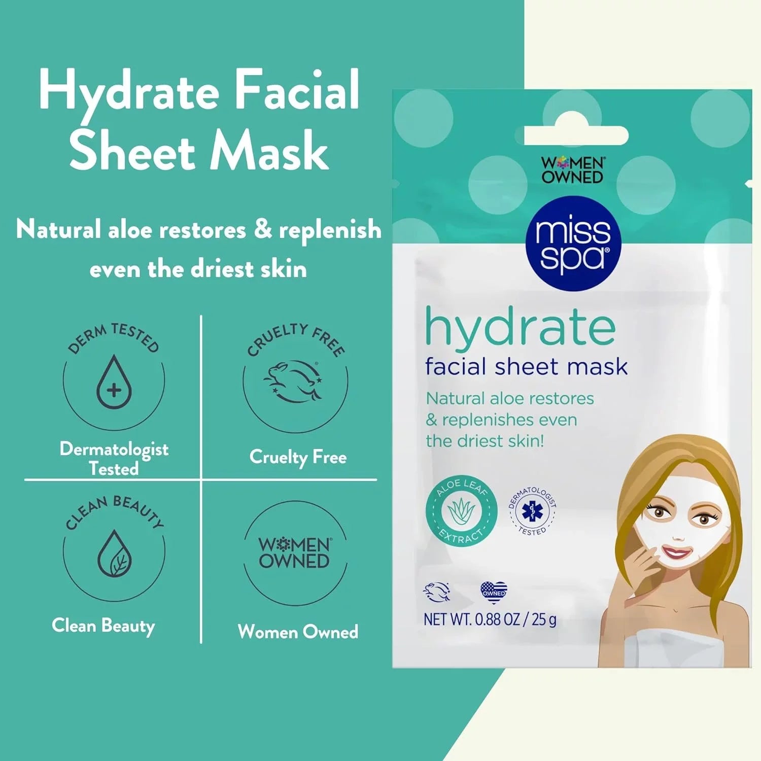 Miss Spa Hydrating Face Sheet Mask with Aloe, Skin Care Women, 4-Pack