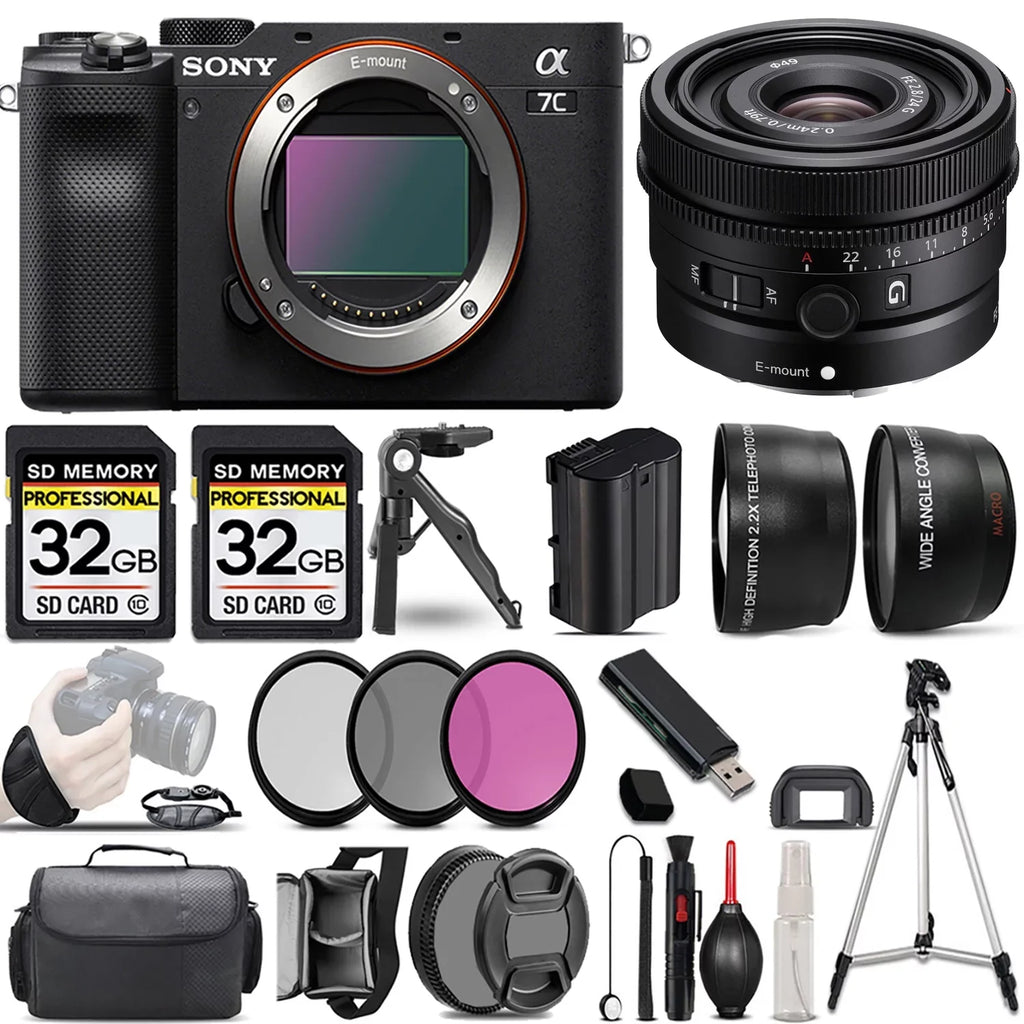 Sony a7C Camera (Black) Camera +24mm f/2.8 G Lens +3 PC Filter +64GB