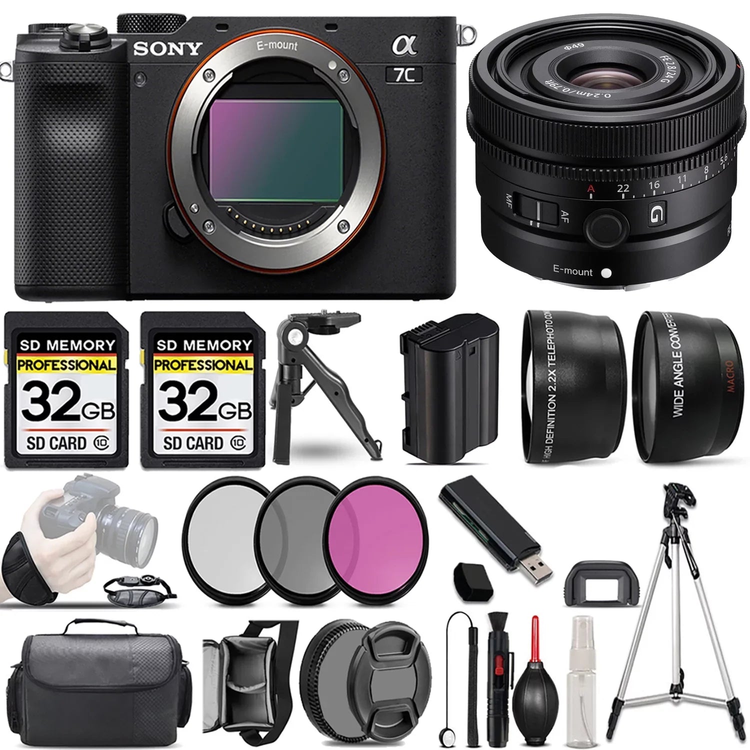 Sony a7C Camera (Black) Camera +24mm f/2.8 G Lens +3 PC Filter +64GB