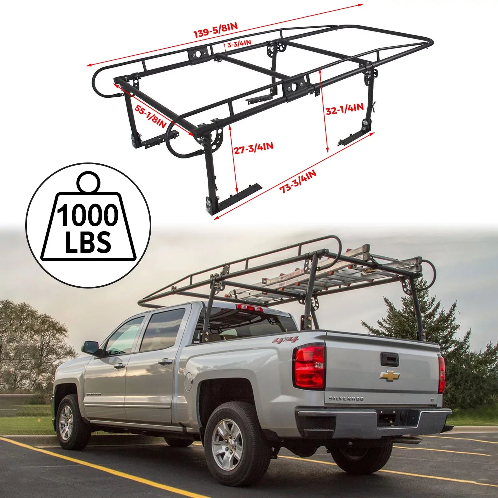 HECASA 60" Over-Cab Truck Rack 1000 Lbs Adjustable Truck Ladder Rack Pickup Lumber Utility Kayak Rack Full Size