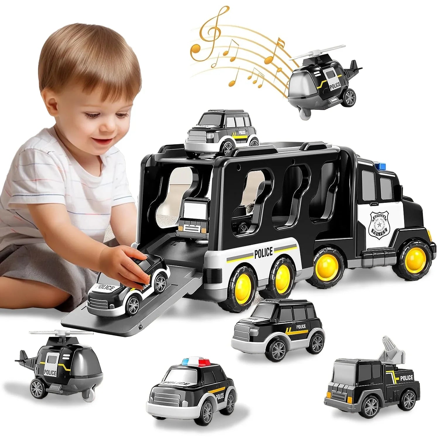 PayUSD Construction Toddler Police Truck Car Toys 3 4 5 6 Year Old Boys 5 in 1 Construction Car Trucks Playset with Play Mat & Accesoories, Birthday Gifts Toddlers Kids Boys Girls Age 3-5