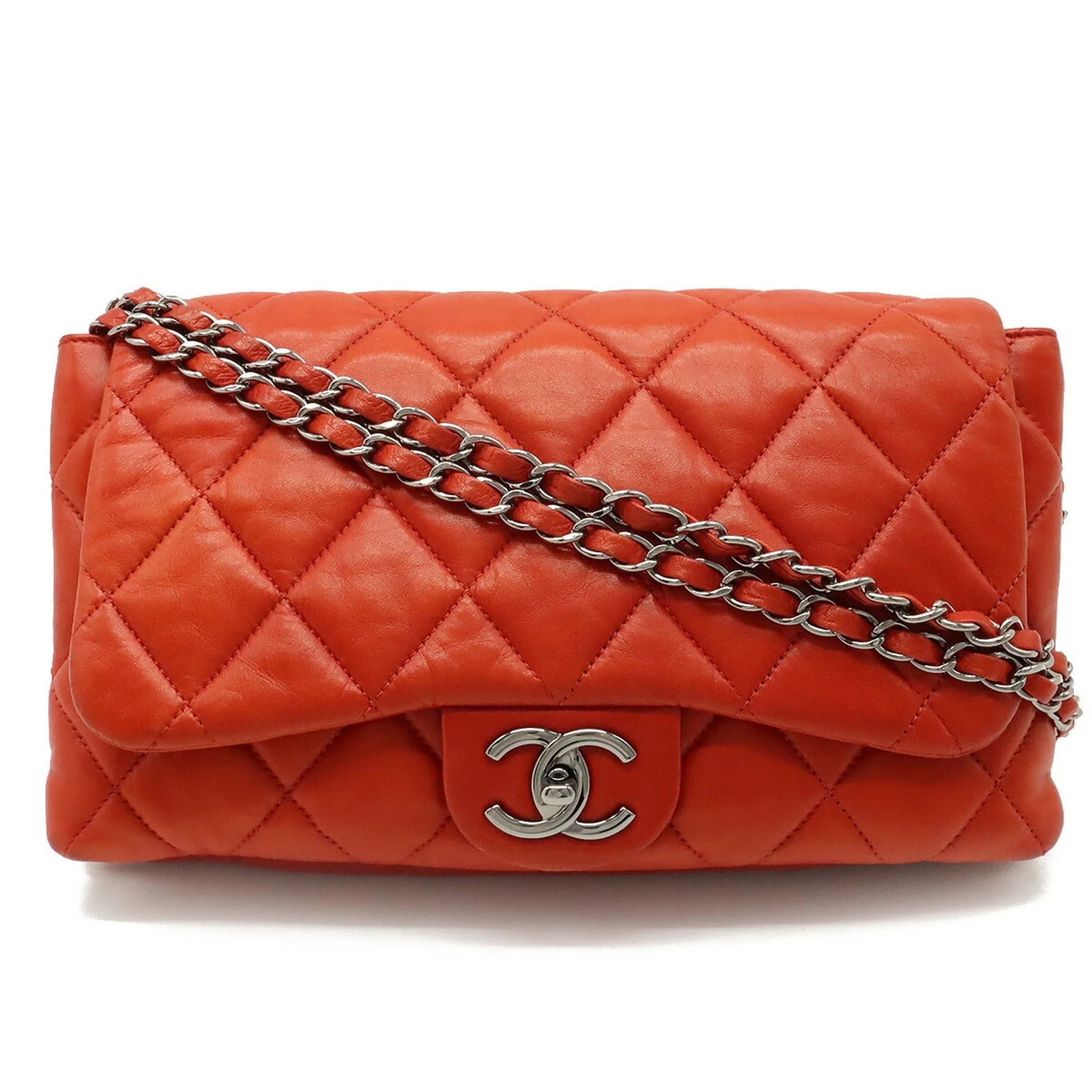 Pre-Owned CHANEL Chanel matelasse here mark chain shoulder bag accordion leather blood orange (Good)