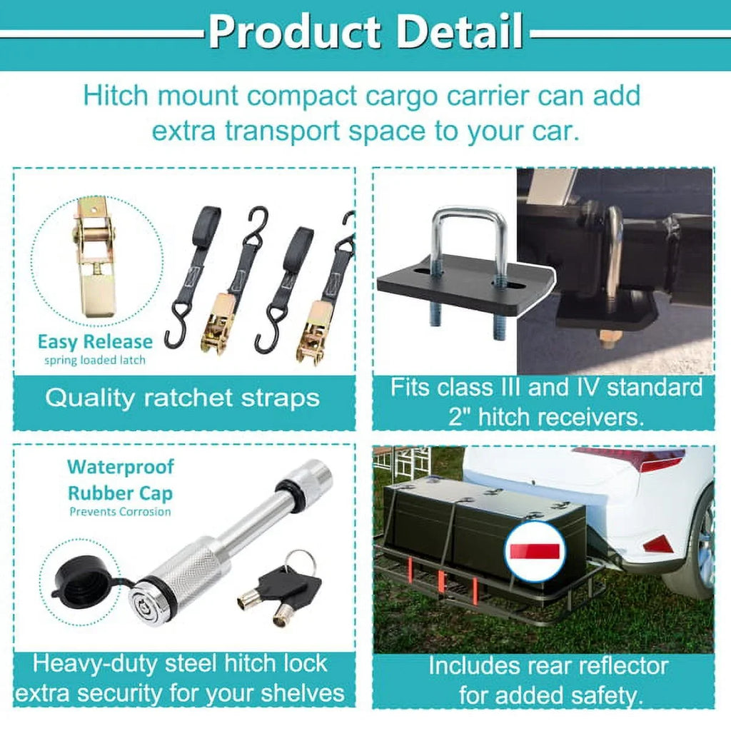 60"x24"x6" hook mounted folding cargo basket with cargo net, 500 lb capacity 60" x 24" x 6" Hitched Mounted Folding Cargo Basket with Cargo Net, 500lb Capacity Car SUV Truck Trailer, Black