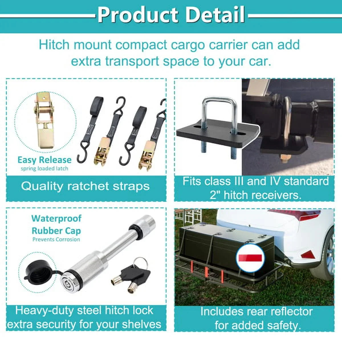 60"x24"x6" hook mounted folding cargo basket with cargo net, 500 lb capacity 60" x 24" x 6" Hitched Mounted Folding Cargo Basket with Cargo Net, 500lb Capacity Car SUV Truck Trailer, Black