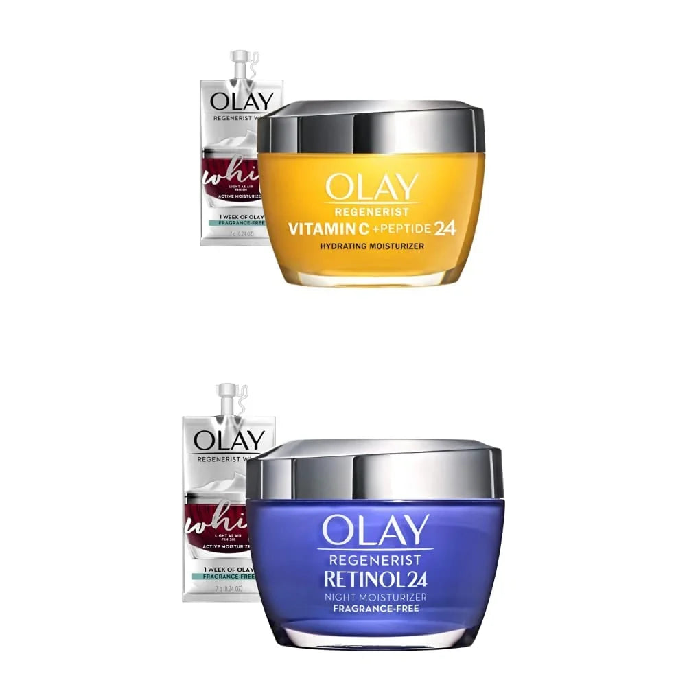 Olay Regenerist Vitamin C + Peptide 24 Brightening Face Moisturizer (1.7 Oz) And Retinol 24 Night Face Moisturizer (1.7 Oz) + 2 Travel Size Whip Face Moisturizers