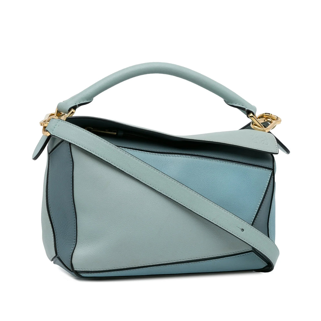 Pre-Owned Authenticated LOEWE Small Tricolor Puzzle Bag Calf Leather Blue Satchel Unisex (Good)