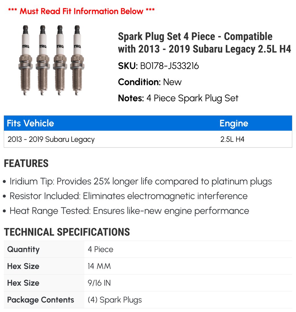 Spark Plug Set 4 Piece - with 2013 - 2019 Subaru Legacy 2.5L H4 2014 2015 2016 2017 2018