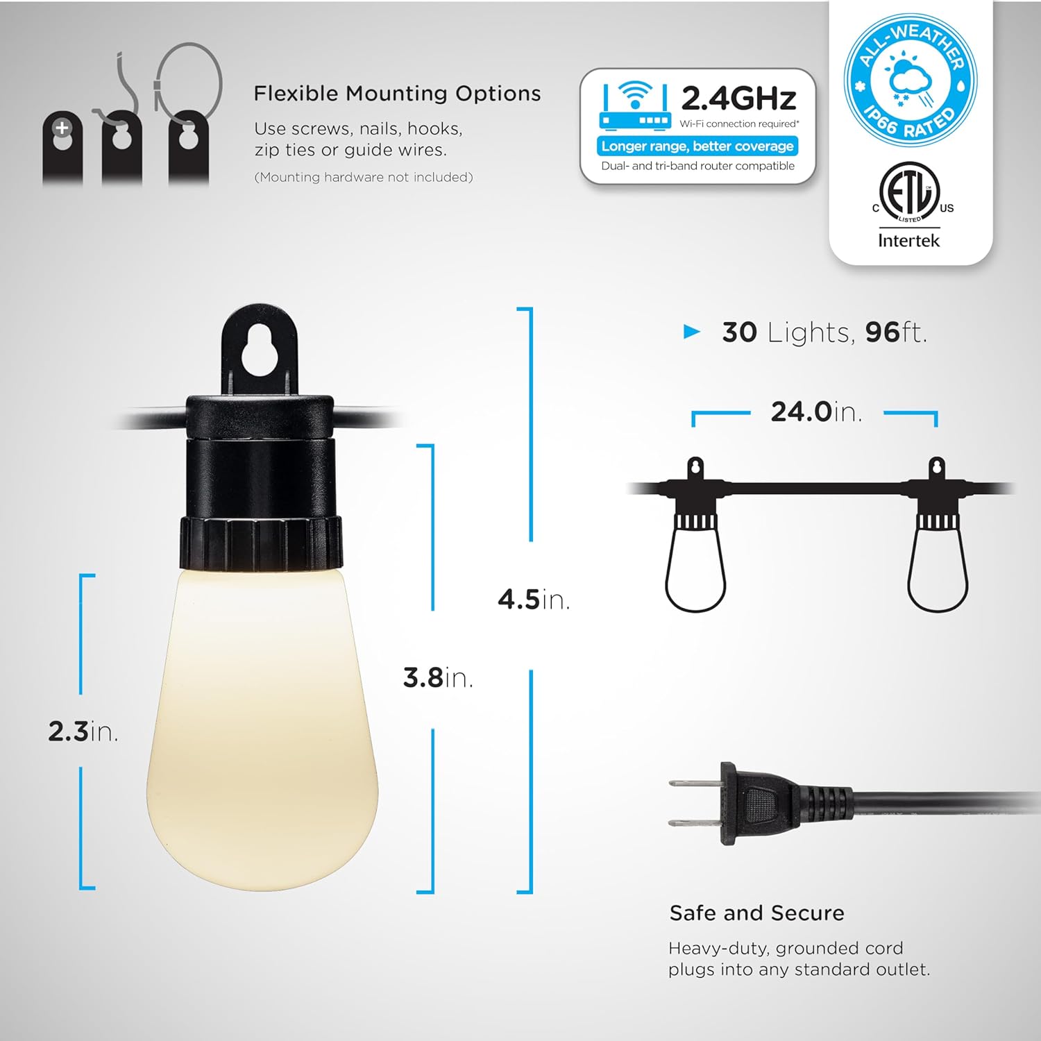 YANRUI Smart Color Changing String Lights, 96 ft, 30 Lightweight RGB LED Patio Lights, proof, Customizable, Wi-Fi App Control, Dimmable Outdoor String Lights, 79617