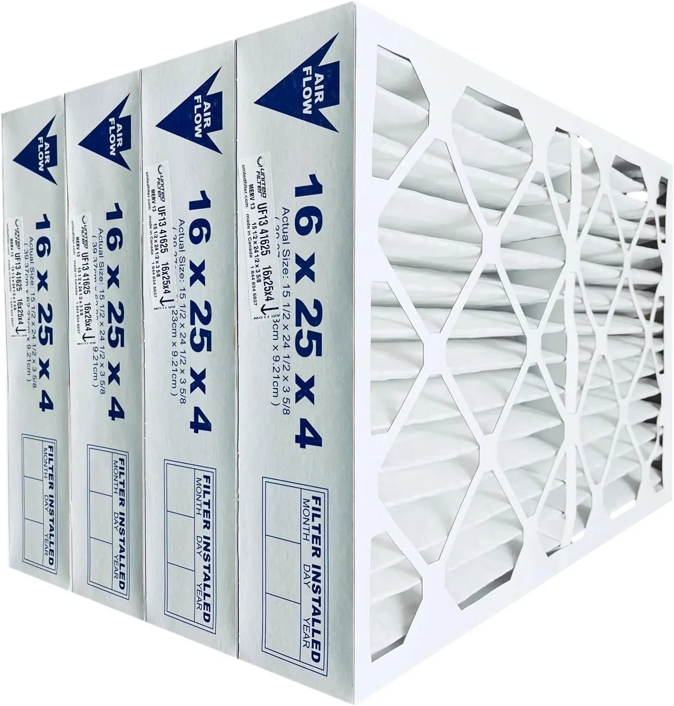 United Filter 16x25x4 MERV 13 Furnace Air Filter (Case of 4)- HVAC Filters Captures Bacteria, Airborne Dust, Pollen, Mold Spores & Smoke
