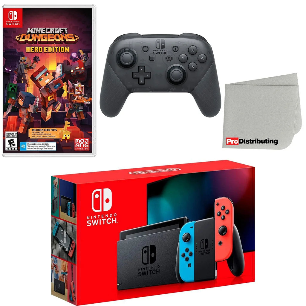 Nintendo Switch Console Neon Red & Blue with Extra Wireless Controller, Minecraft Dungeons Hero Edition and Screen Cleaning Cloth