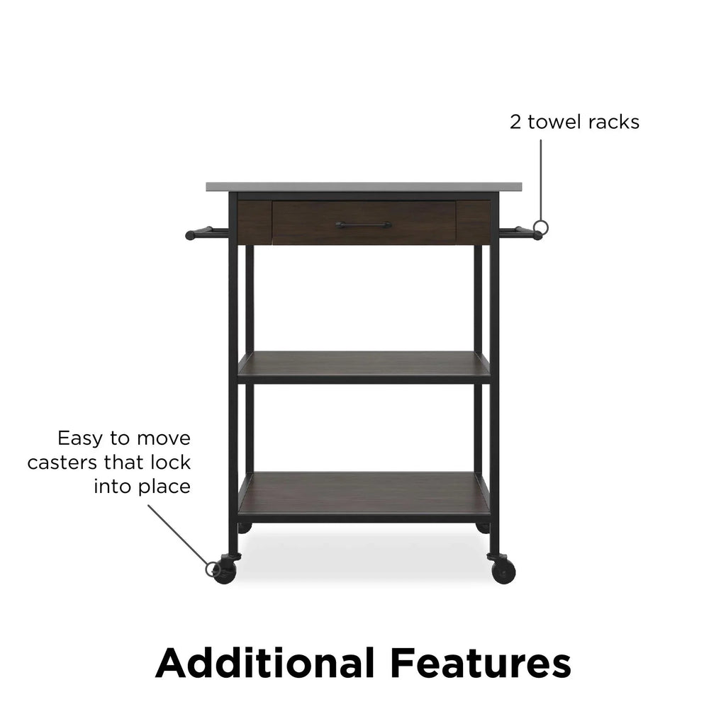 DHP Kane Kitchen Cart, Black Metal Frame, Stainless Steel Counter Top, Pantry Storage, Brown