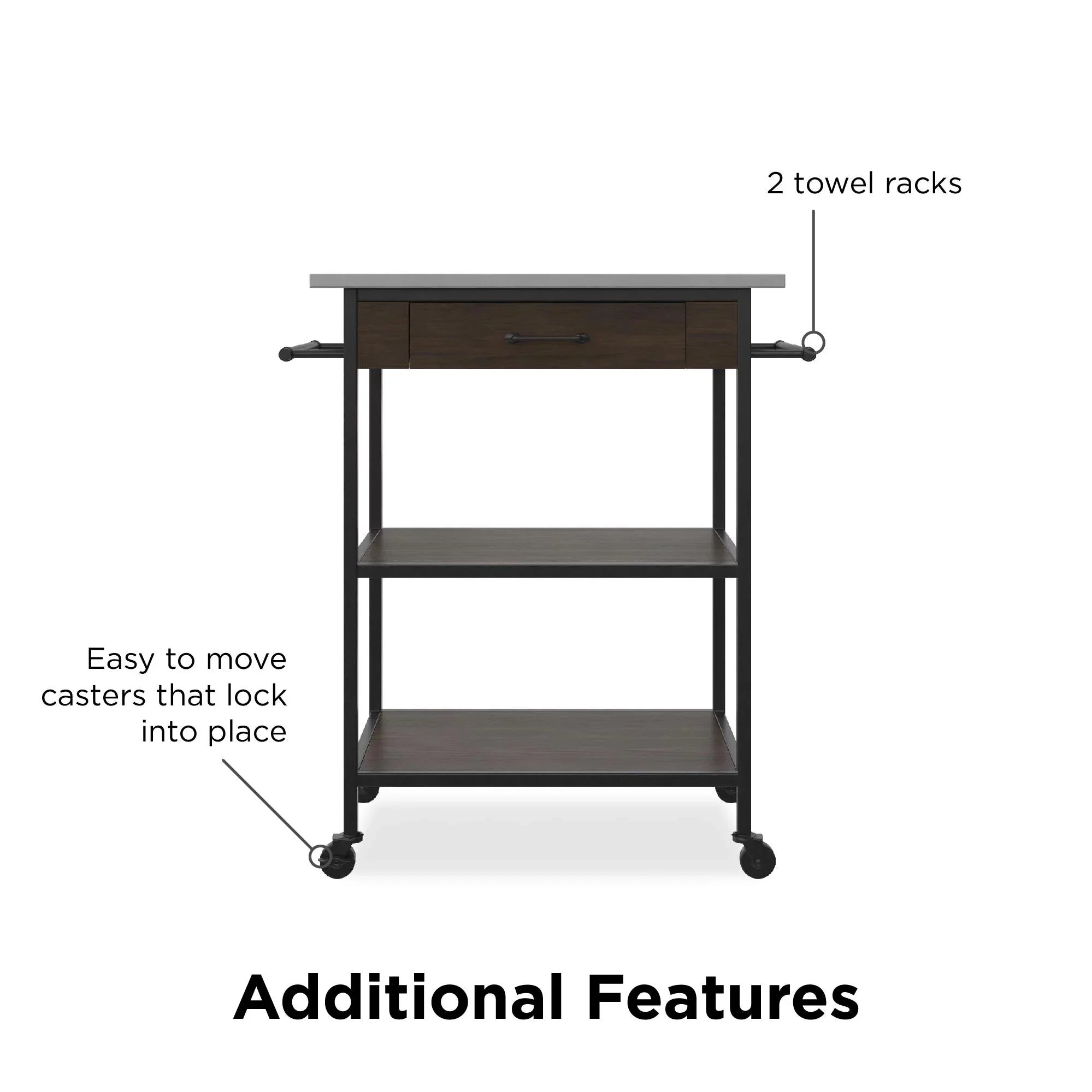 DHP Kane Kitchen Cart, Black Metal Frame, Stainless Steel Counter Top, Pantry Storage, Brown