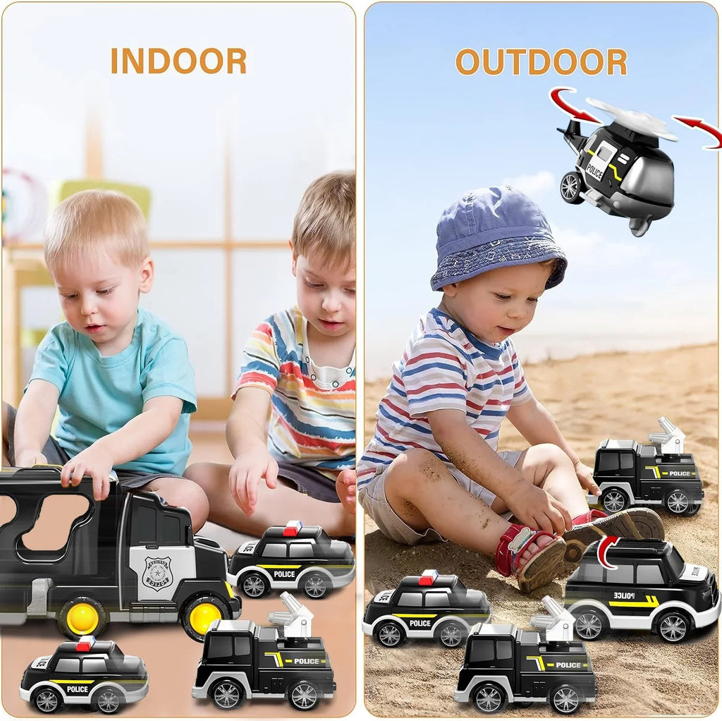 PayUSD Construction Toddler Police Truck Car Toys 3 4 5 6 Year Old Boys 5 in 1 Construction Car Trucks Playset with Play Mat & Accesoories, Birthday Gifts Toddlers Kids Boys Girls Age 3-5