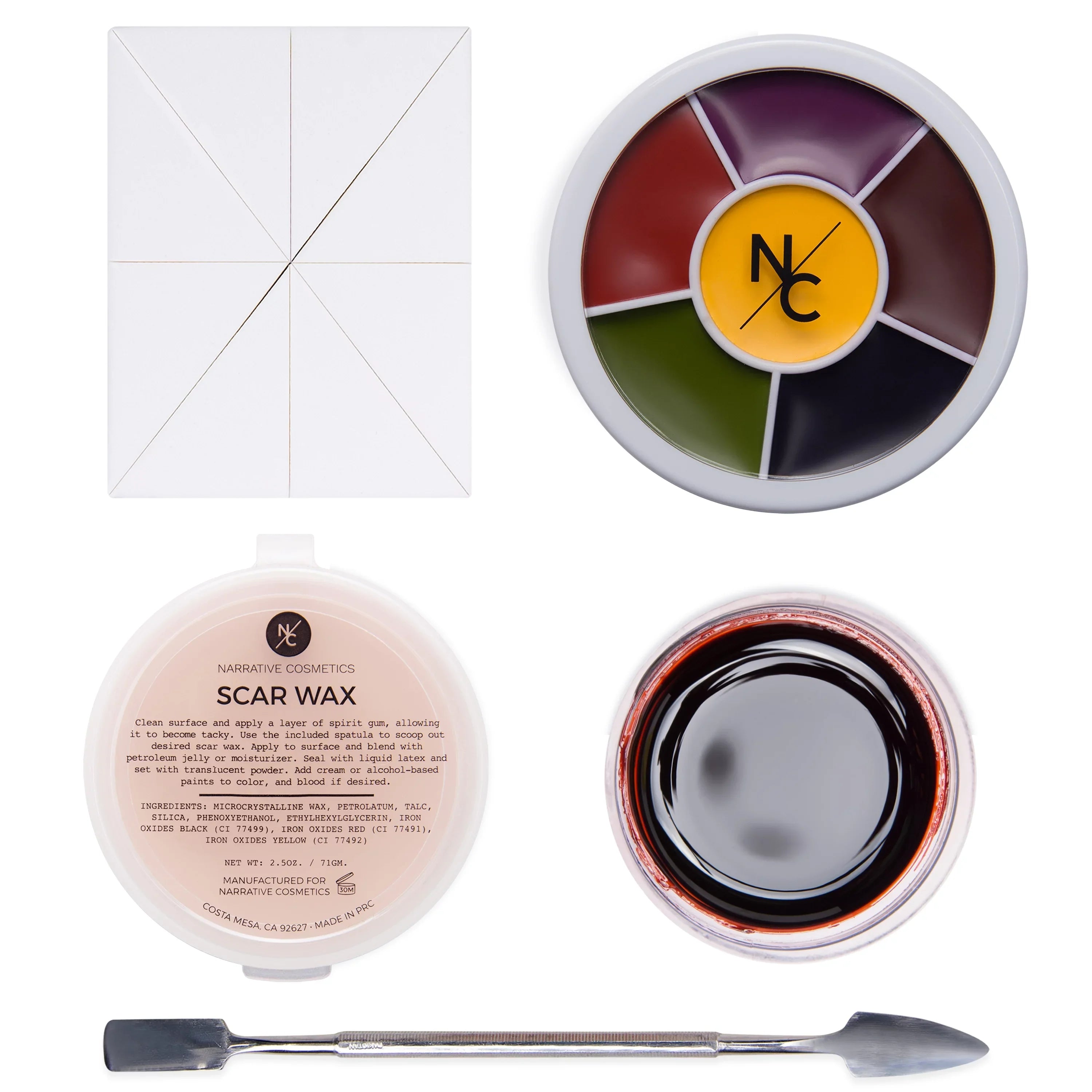 Narrative Cosmetics Starter Effects Kit - 6 Color Bruise Wheel, Scar Wax with Double Sided Spatula, Scab Blood Paste, and Foam Makeup Sponge Block - Perfect Special FX and Theatrical Makeup