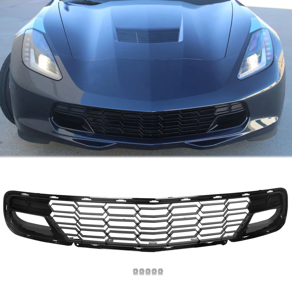 Kojem Front Lower Grille 2014-2019 Chevrolet Corvette C7 All Models Z06 Style Bumper Shield Painted Glossy Black Plastic (W/O Front Camera Bracket)