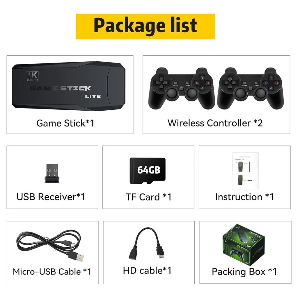 Retro Game Console Stick, 64G Nostalgia Game Stick with 20000+ Video Games, 9 Emulator Console Plug and Play TV, Retro Play with Arcade/Maze, 4K HD Output, 2.4GHz Wireless Controllers