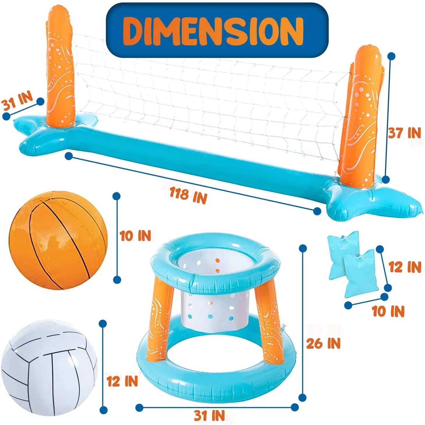 Clover Larger Pool Volleyball Set & Basketball Hoop, Pool Volleyball Net Inground Balls & Weight Bags, Pool Toys Game Kids Teens and Adults | Light Blue