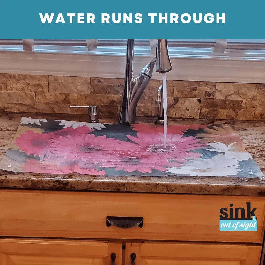 Sink Out of Sight- Home Décor Kitchen Sink Wrap Hot/Cold Liquids and Debris Pass Through Coating 2 Adjustable Sizes. Design: Cheerful Daisies Size: Double Sink 39.5" x 20" SK2-CD