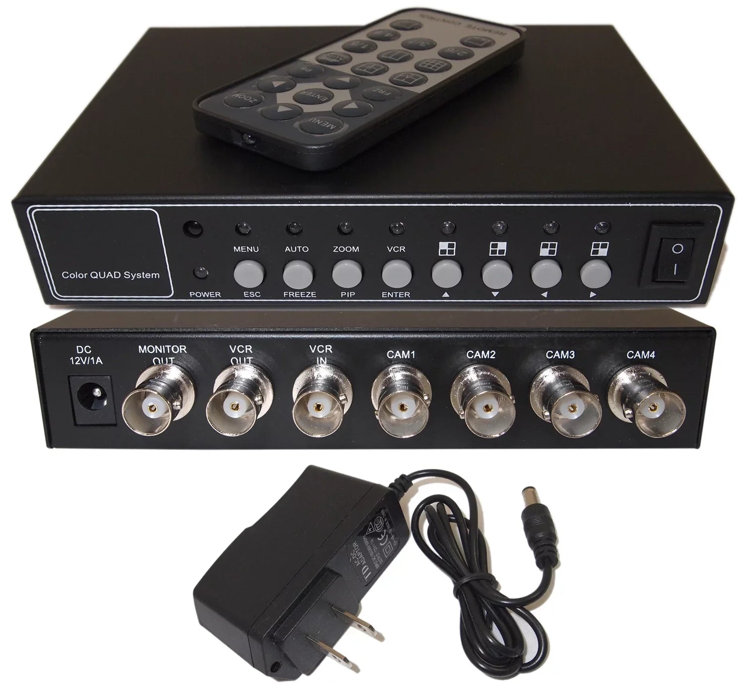 Evertech Analog Security Camera CCTV 4 Channel / Port (4 Camera) Color Quad Splitter Processor Real Time with Remote Control and 2000mA adapter