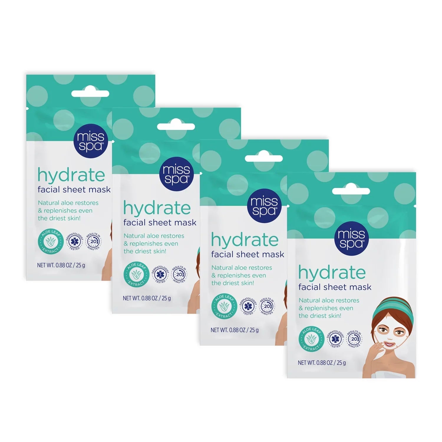 Miss Spa Hydrating Face Sheet Mask with Aloe, Skin Care Women, 4-Pack