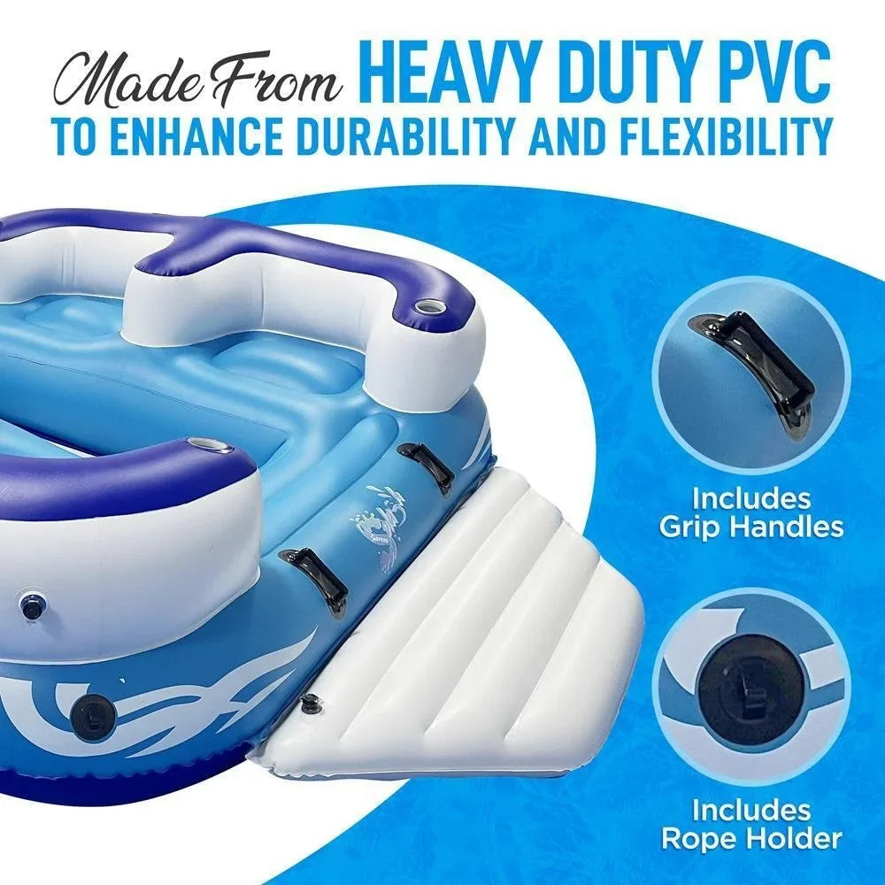 SereneLifeHome Inflatable 4- Person Floating Island Raft, Party Island Raft w/ 4 Drink Holders, Use Lounging on Lake, Beach River or Pool