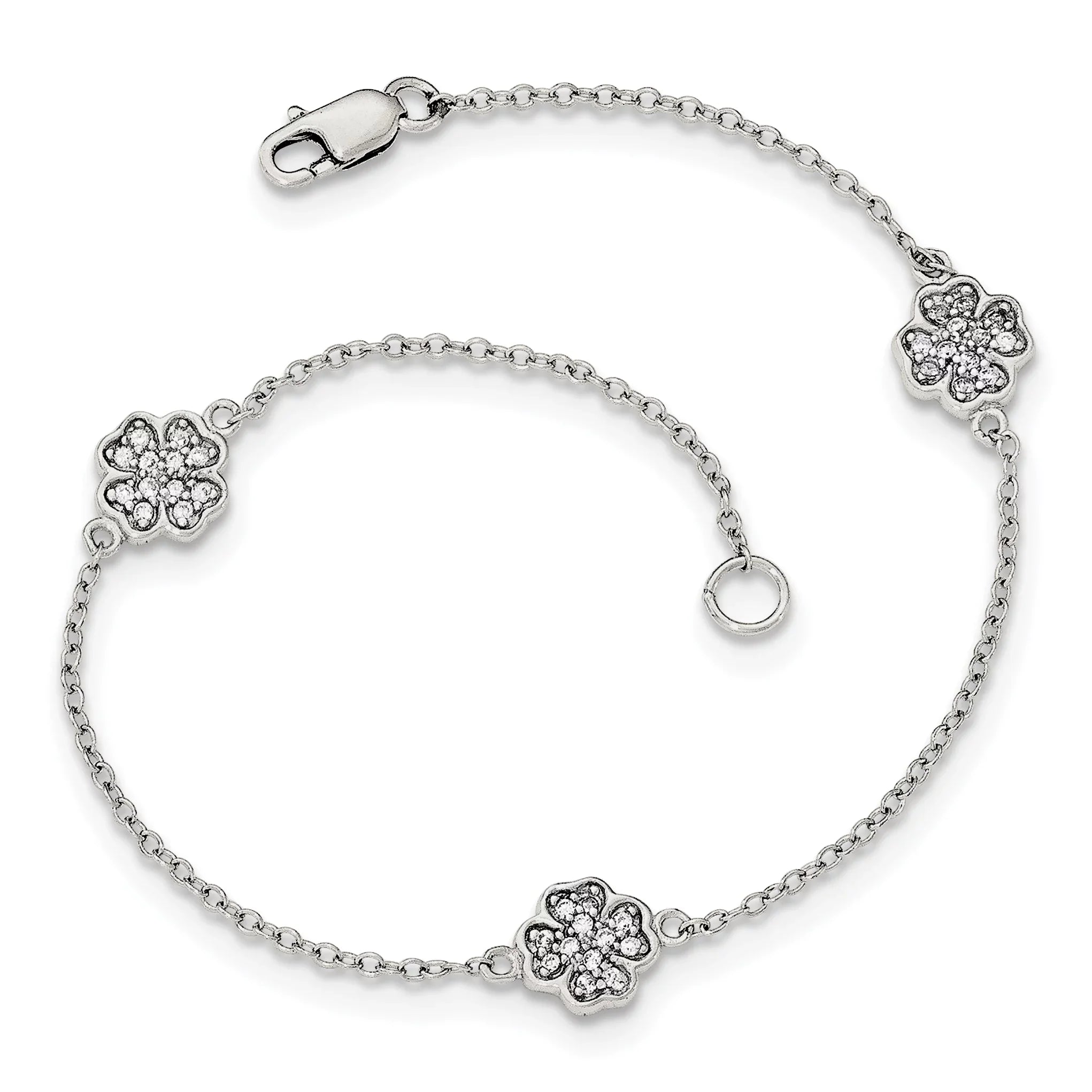 Beautiful Sterling Silver Polished CZ Four Leaf Clover Bracelet