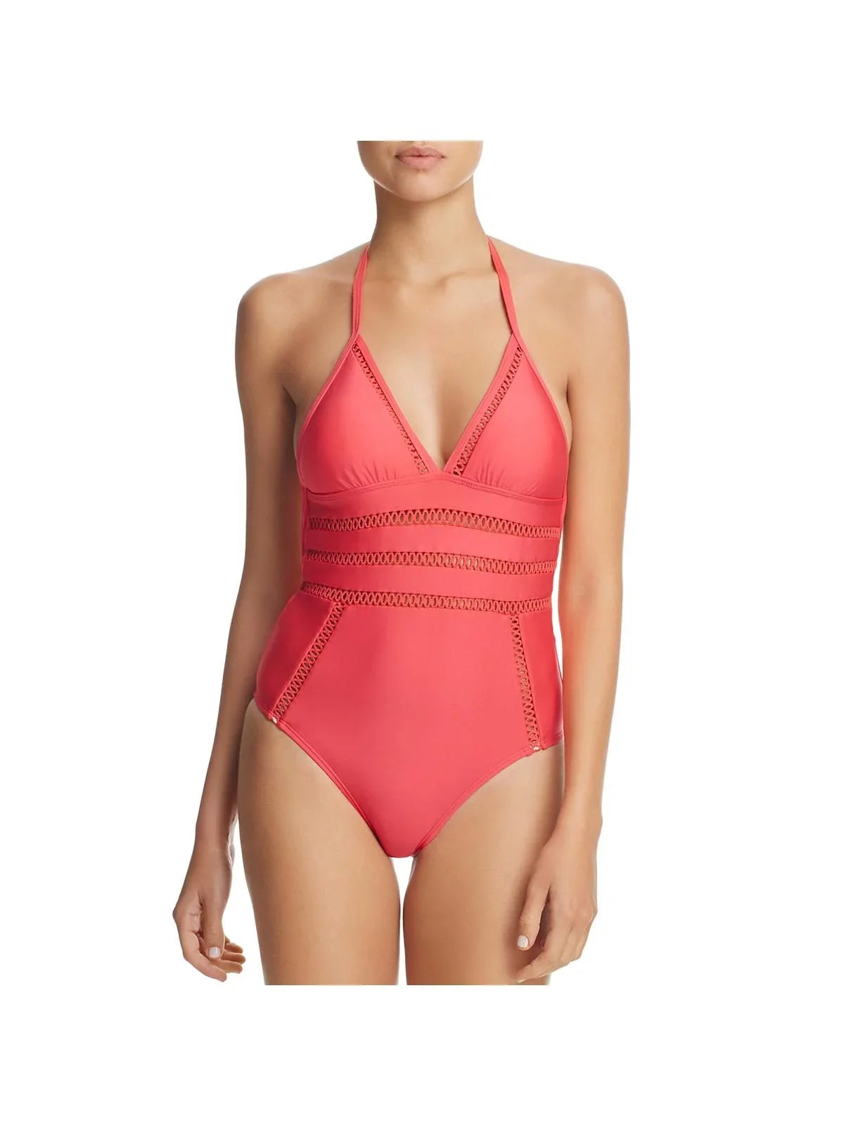 Ella Moss Womens Crafty Halter Crochet One-Piece Swimsuit Red S