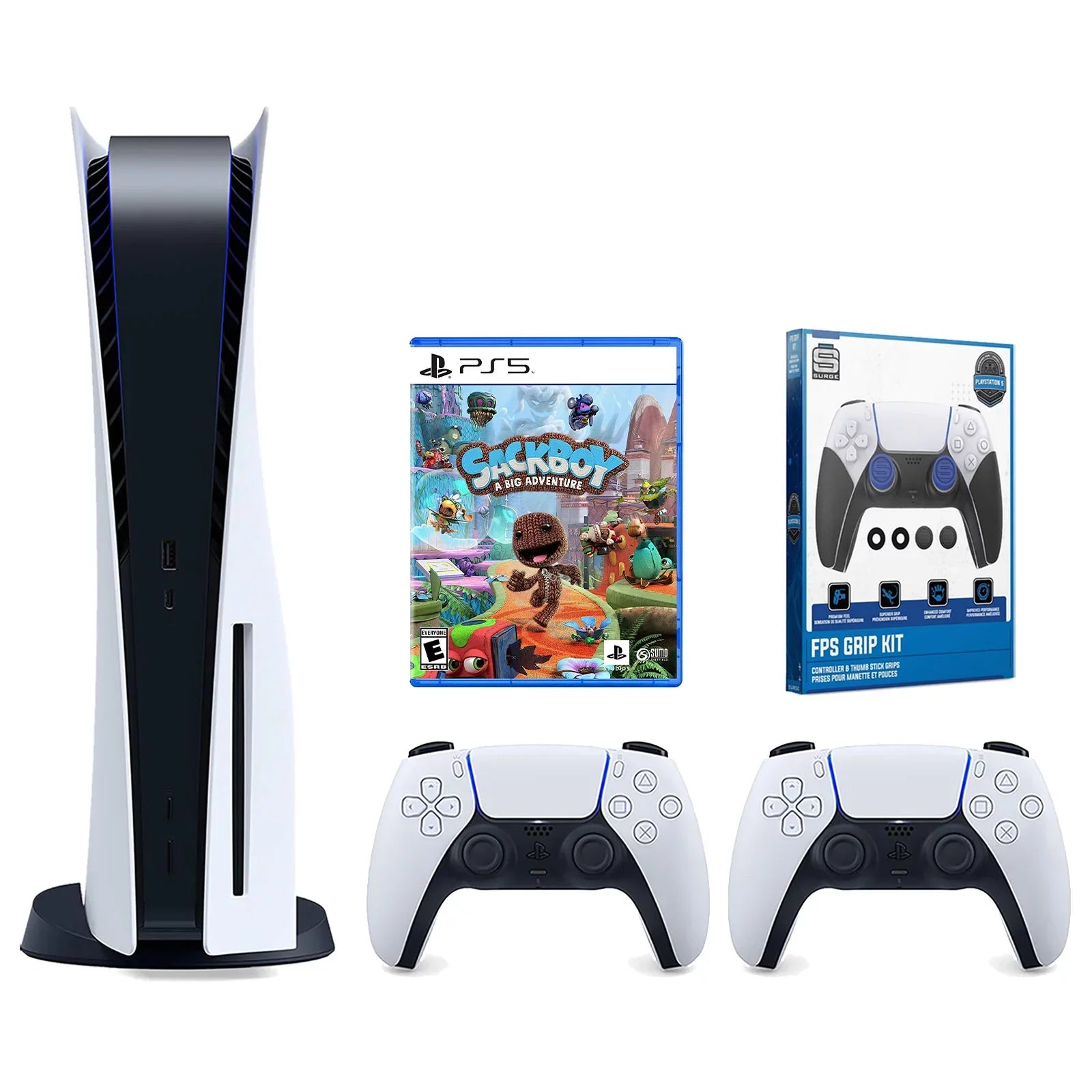 Sony Playstation 5 Disc Version Console with Extra White Controller, Surge FPS Grip Kit With Precision Aiming Rings and Sackboy: A Big Adventure Bundle