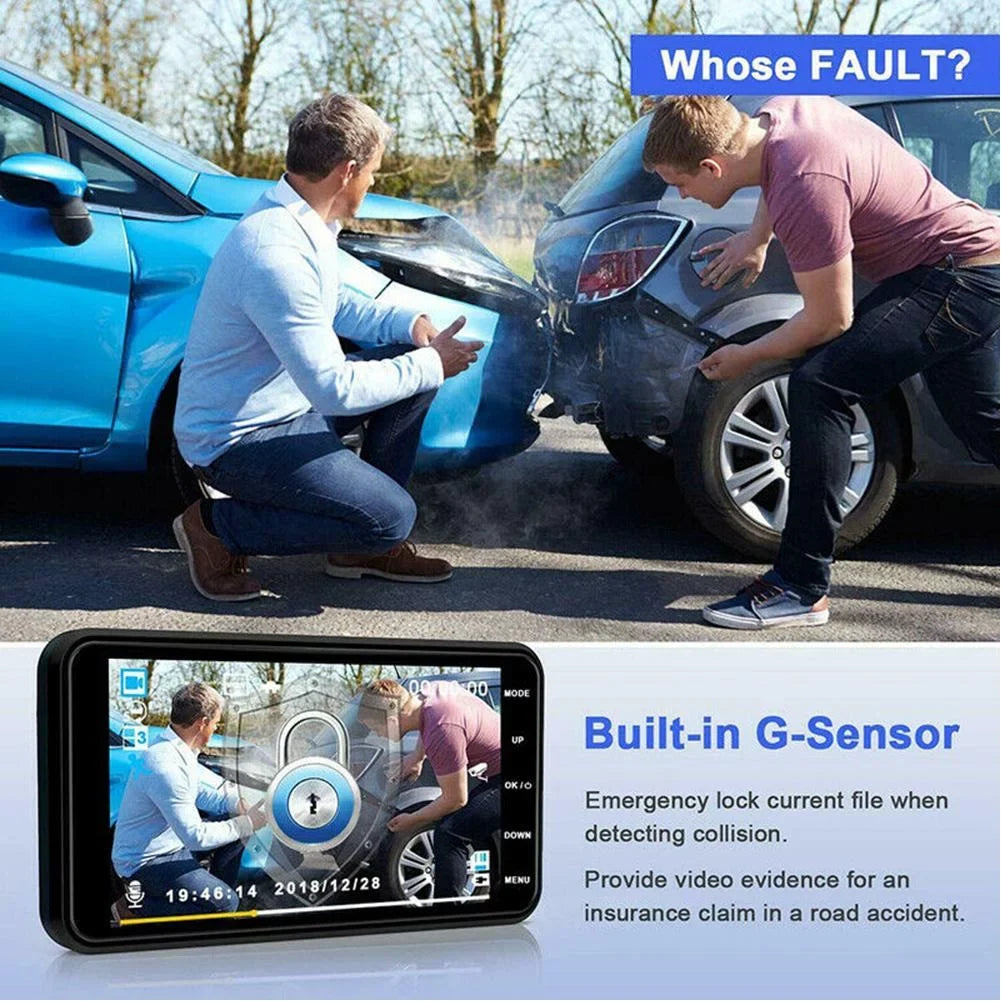 Touch Screen Dash Cam 4" 1080P Dual Lens Car DVR Recorder Front and Rear Camera
