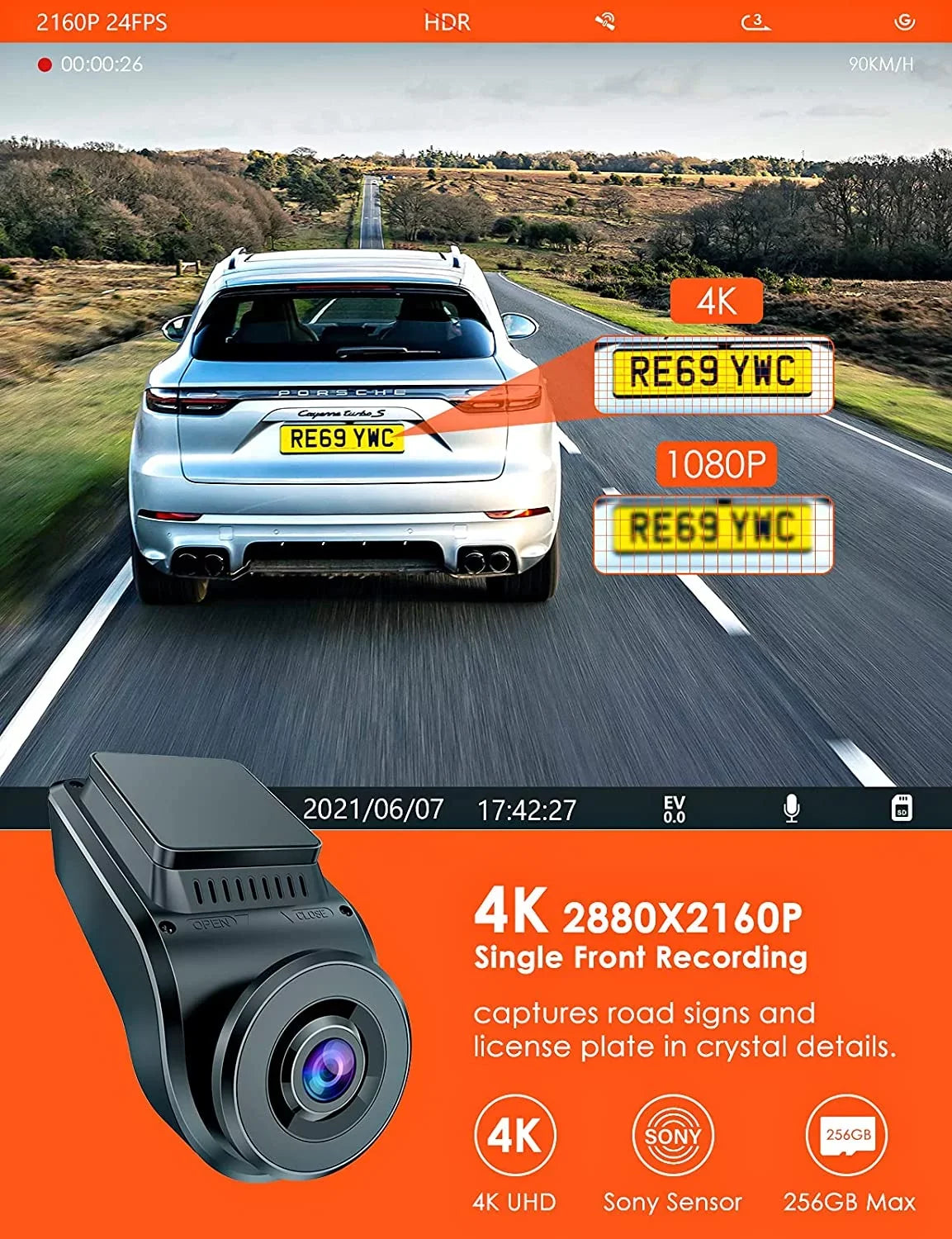 Vantrue Dual Front and Rear 1080P Dash Cam, Single Front 4K Car Camera, Hidden Design, Built in GPS, 24/7 Parking Mode, Low Bitrate Recording, HDR, Night Vision, Supercapacitor, G-Sensor (S1W)