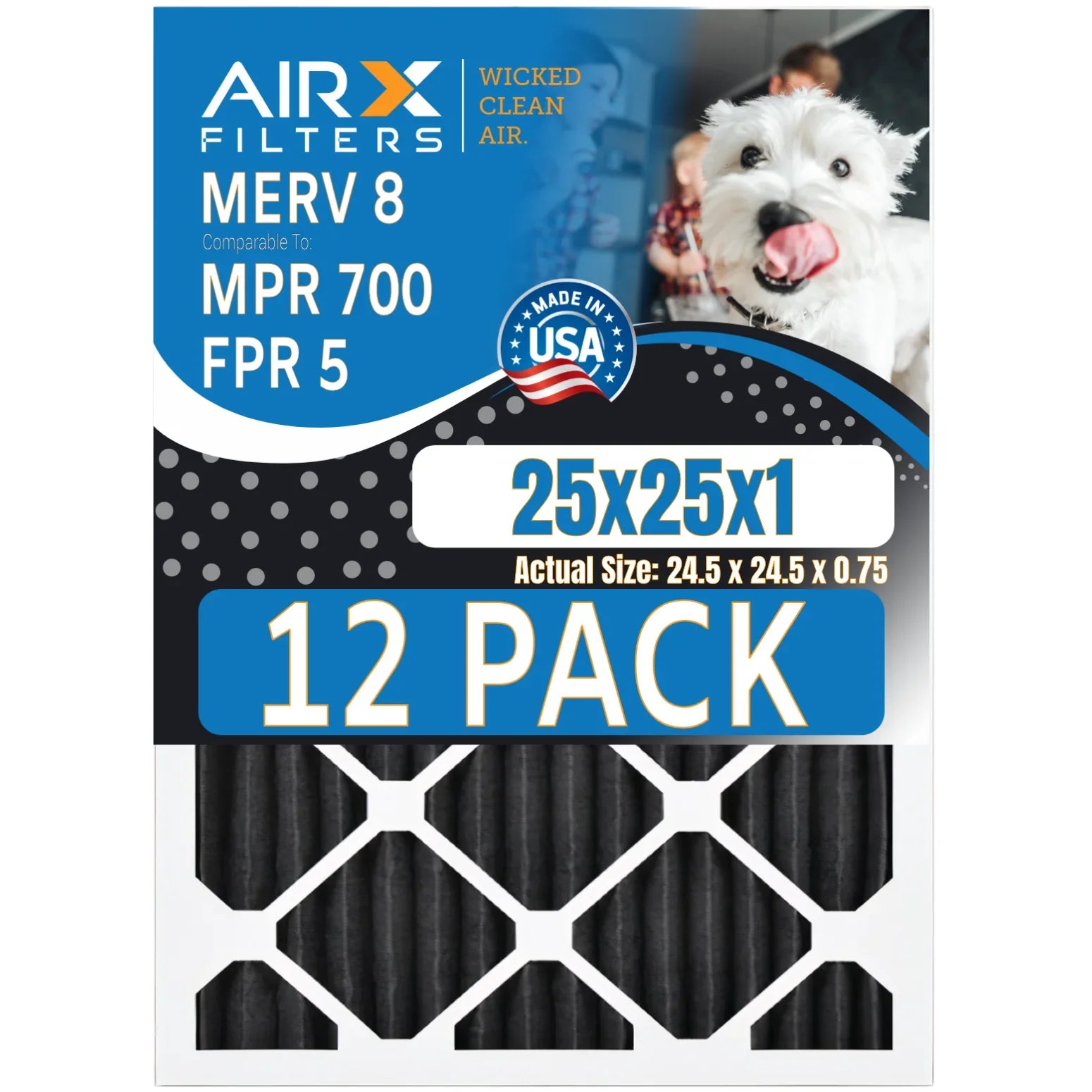 25x25x1 Air Filter MERV 8 Rating, 12 Pack of Furnace Filters Comparable to MPR 700, FPR 5, Pet Odor Retention Filters - Made in USA by AIRX FILTERS WICKED CLEAN AIR.