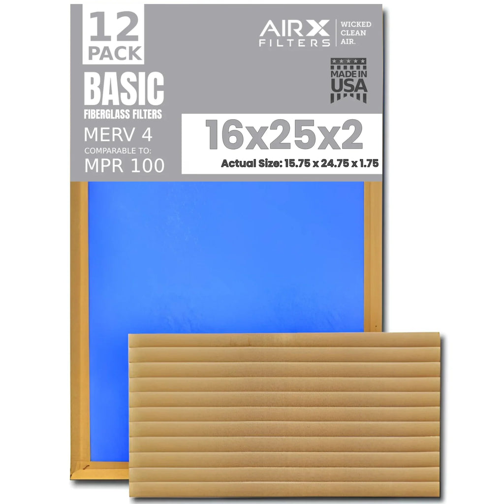 16x25x2 Air Filter Comparable to MPR 100 Basic Economy Furnace Filters, 12 Pack of Non Pleated Fiberglass Filter For Dust - Low Airflow Restriction! From AIRX FILTERS WICKED CLEAN AIR.