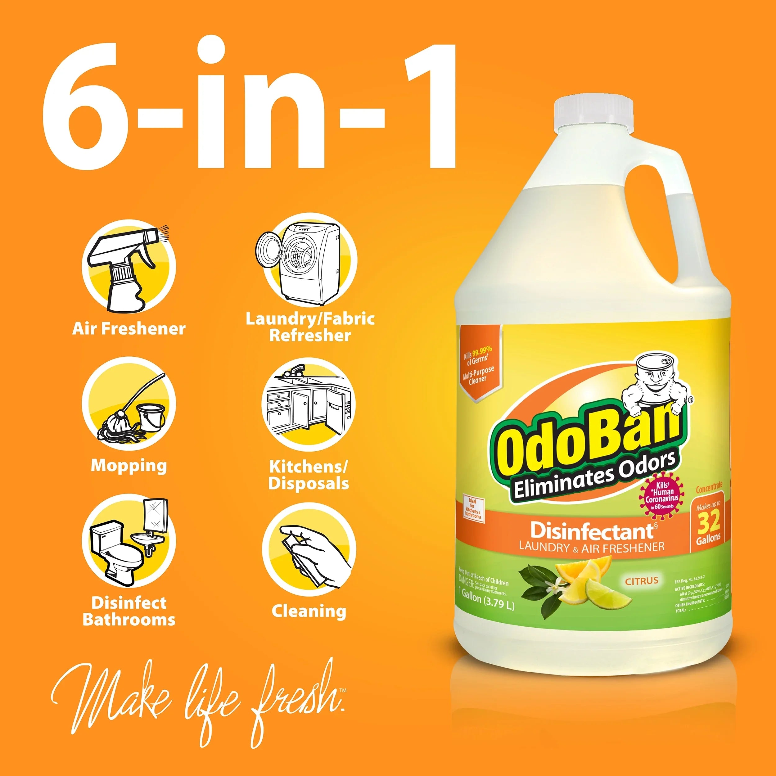 OdoBan Aroma Eliminator Set, 10 Ounce 360-Degree Continuous Spray Natural Oil Real Citrus Orange Air Freshener, 1 Gallon Multipurpose Disinfectant Cleaning Concentrate, 14 Ounce Solid Scent Absorber