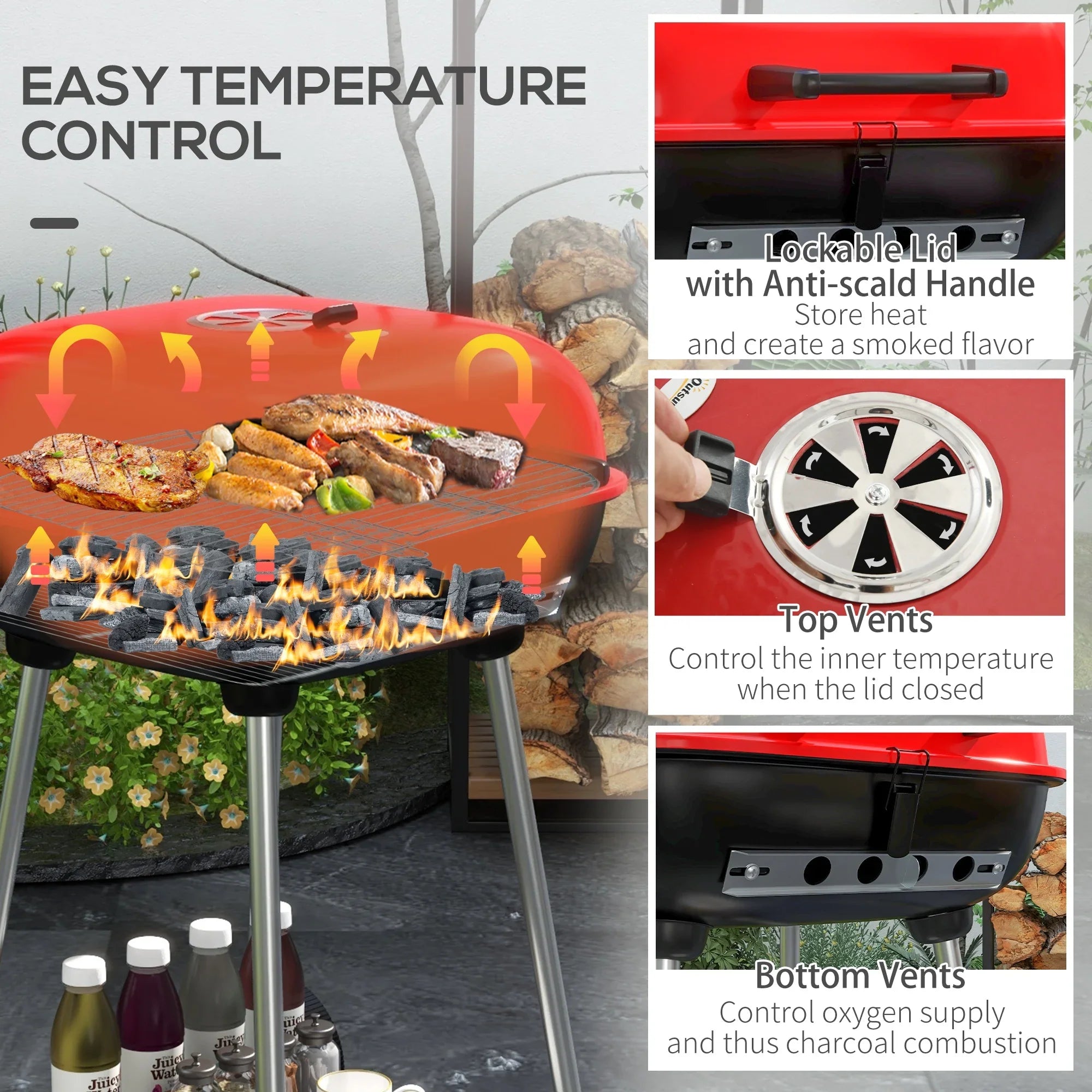 Outsunny Portable Charcoal Grill with Wheels Bottom Shelf Picnic, Red