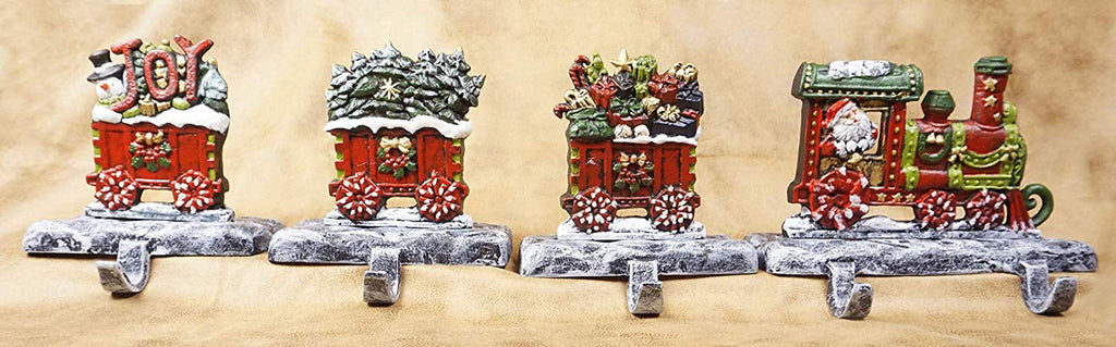 LuLu Decor, 100% Cast Iron Christmas Stocking Holders, 2D Train Engine with 5 Rail carts, 7 Stocking Hooks, Beautiful & Strong Sturdy Heavy Hooks, Each Weighs Approx 3 lb (Combo Train 2D)