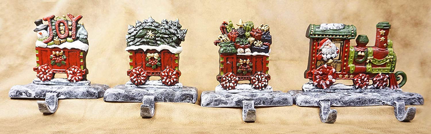 LuLu Decor, 100% Cast Iron Christmas Stocking Holders, 2D Train Engine with 5 Rail carts, 7 Stocking Hooks, Beautiful & Strong Sturdy Heavy Hooks, Each Weighs Approx 3 lb (Combo Train 2D)