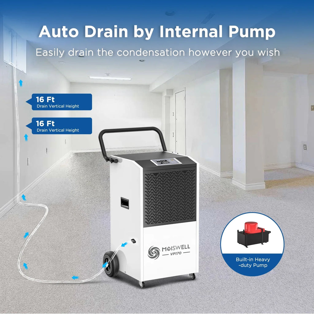 Moiswell 170 Pints Commercial Dehumidifier with Pump and Drain Hose - Excellent Industrial Site, Basements, Water Damage Unit Large Spaces up to 7,500 Sq Ft - Auto Defrost, Memory Starting