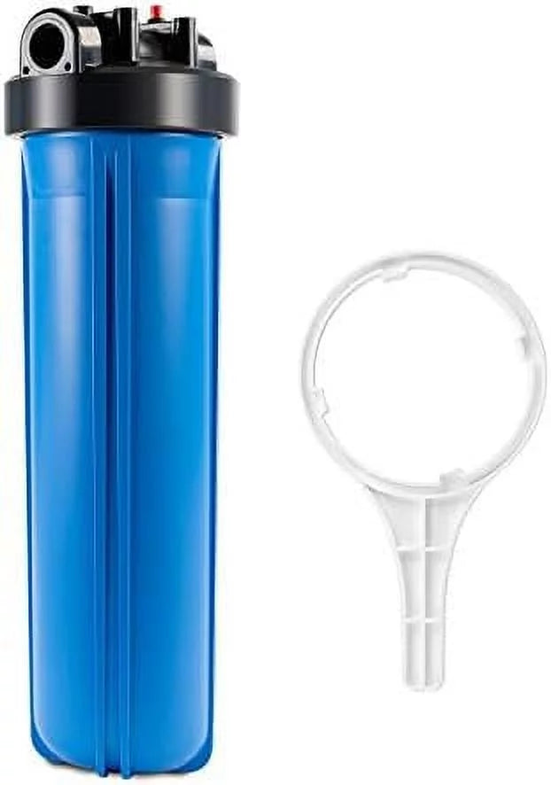 whole house water filter housing, universal 20-inch housing 4.5” x 20”, 1-inch npt inlet outlet, heavy duty standard size replacement includes wrench, pressure release button