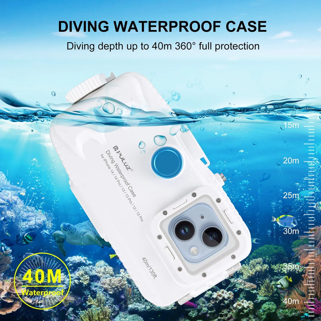 PULUZ 40M131ft Waterproof Phone Case Diving Case Smartphone Underwater Housing Protective Case with Red Filter Neck Strap Cleaning Cloth Replacement 14/ 14 / 13/ 13 / 12/ 12 P