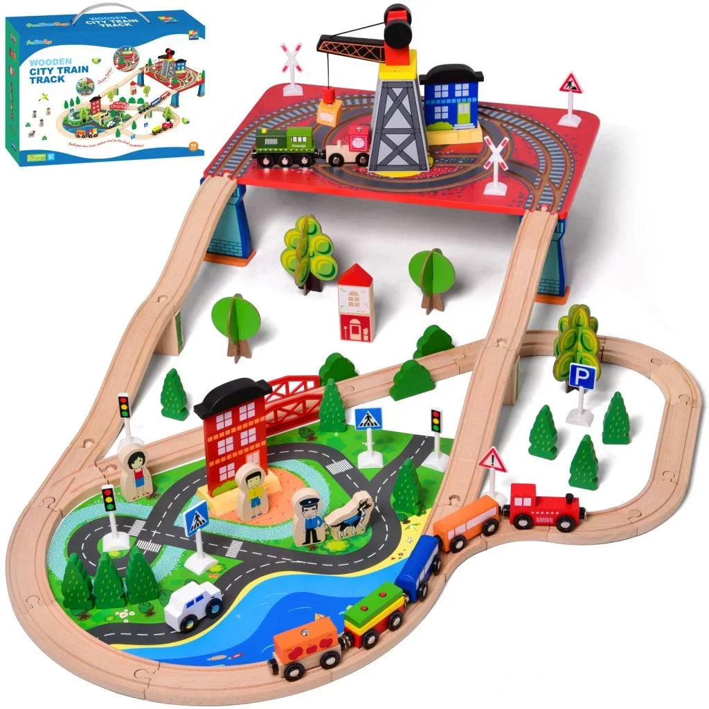 Fun Little Toys 88PCs Wooden Play Set, Enchanting Wooden Train Set Toddlers Age 3+