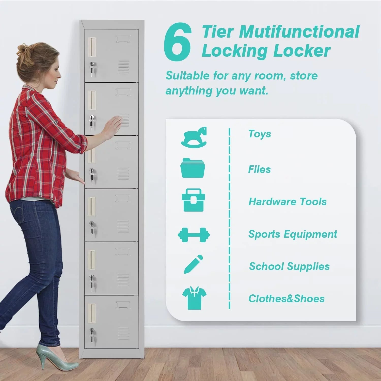 SUNCROWN Metal Locker Storage Cabinet with 6 Lockable Door School, Gym, Home, Office, Gray