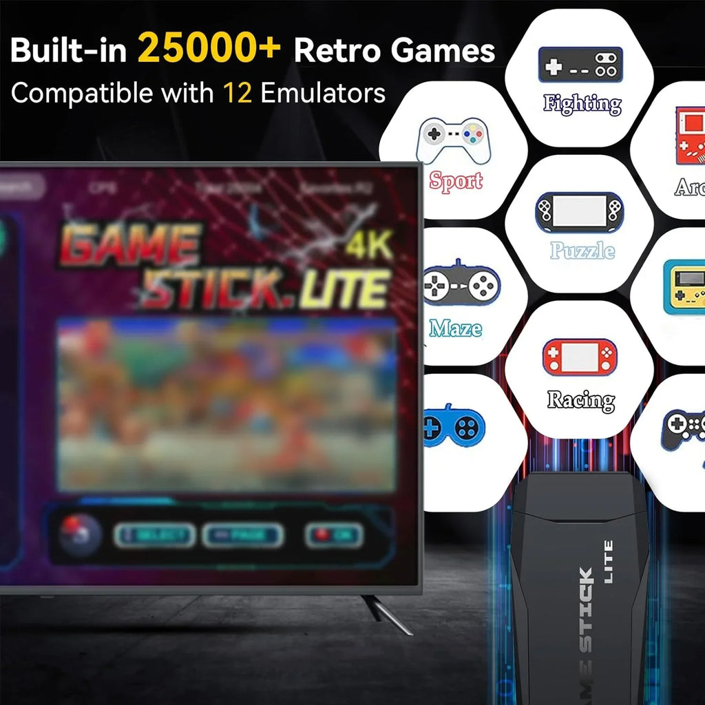 Retro Game Console Stick, 64G Nostalgia Game Stick with 20000+ Video Games, 9 Emulator Console Plug and Play TV, Retro Play with Arcade/Maze, 4K HD Output, 2.4GHz Wireless Controllers