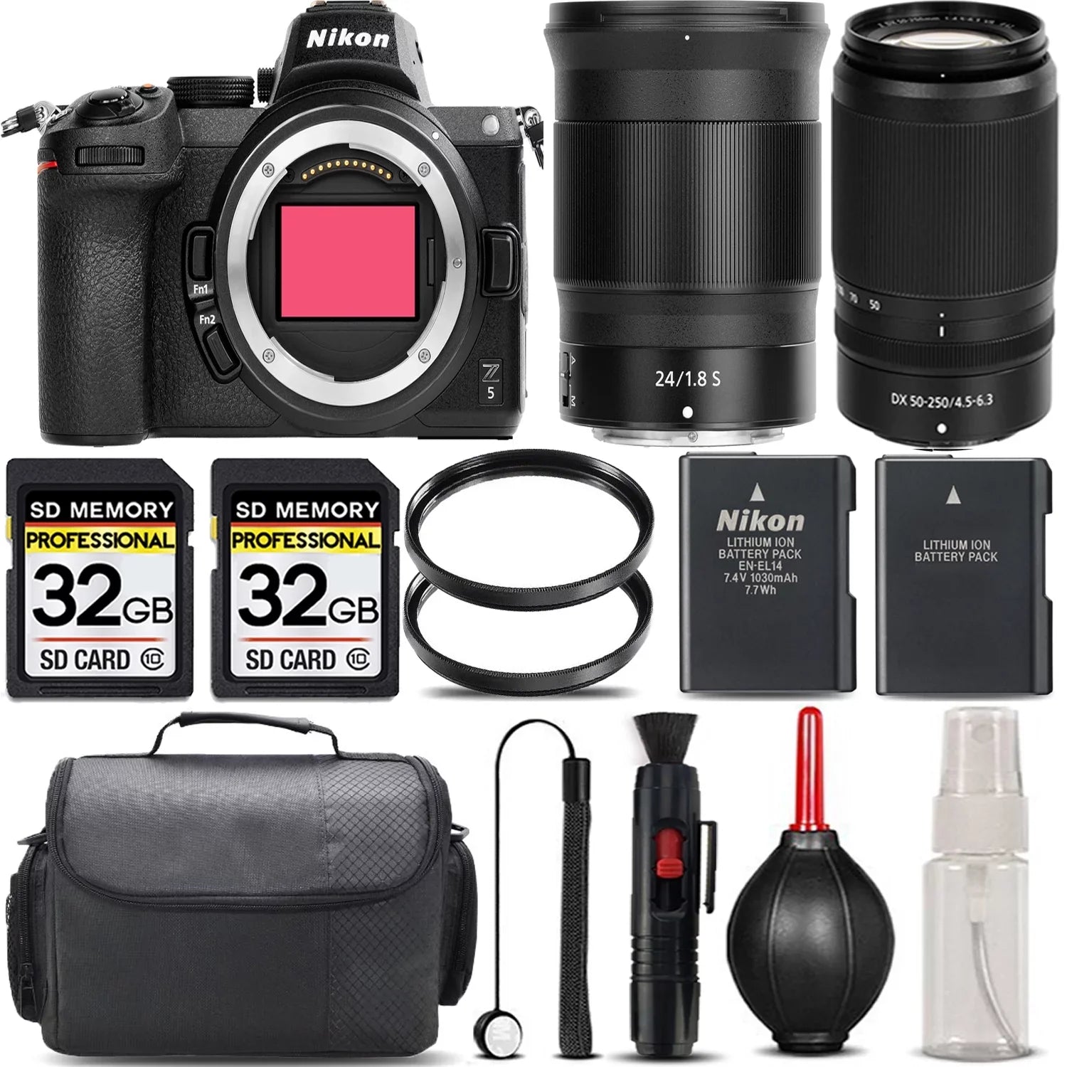Nikon Z5 Mirrorless with 50-250mm f/4.5-6.3 VR Lens + 24mm f/1.8 S Lens + 64GB Storage + UV Filter + Backup Battery + Case + Cleaning Kit - International Version