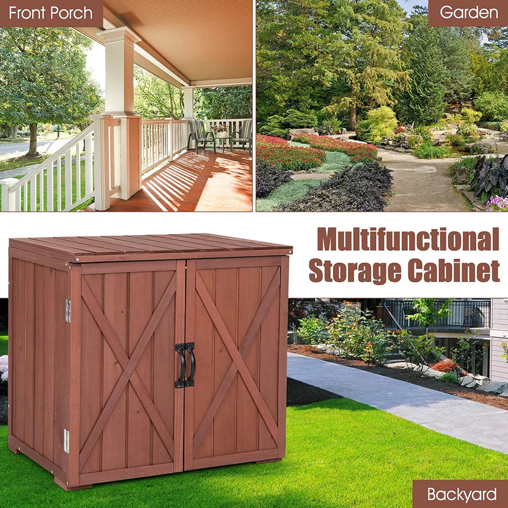 30" Outdoor Storage Box, Wooden Storage Deck Box W/Spacious Inner Space & Countertop, Tool Storage Cabinet Backyard Garden Porch, Easy Assembly, 30" x 22" x 28.5" (Brown)