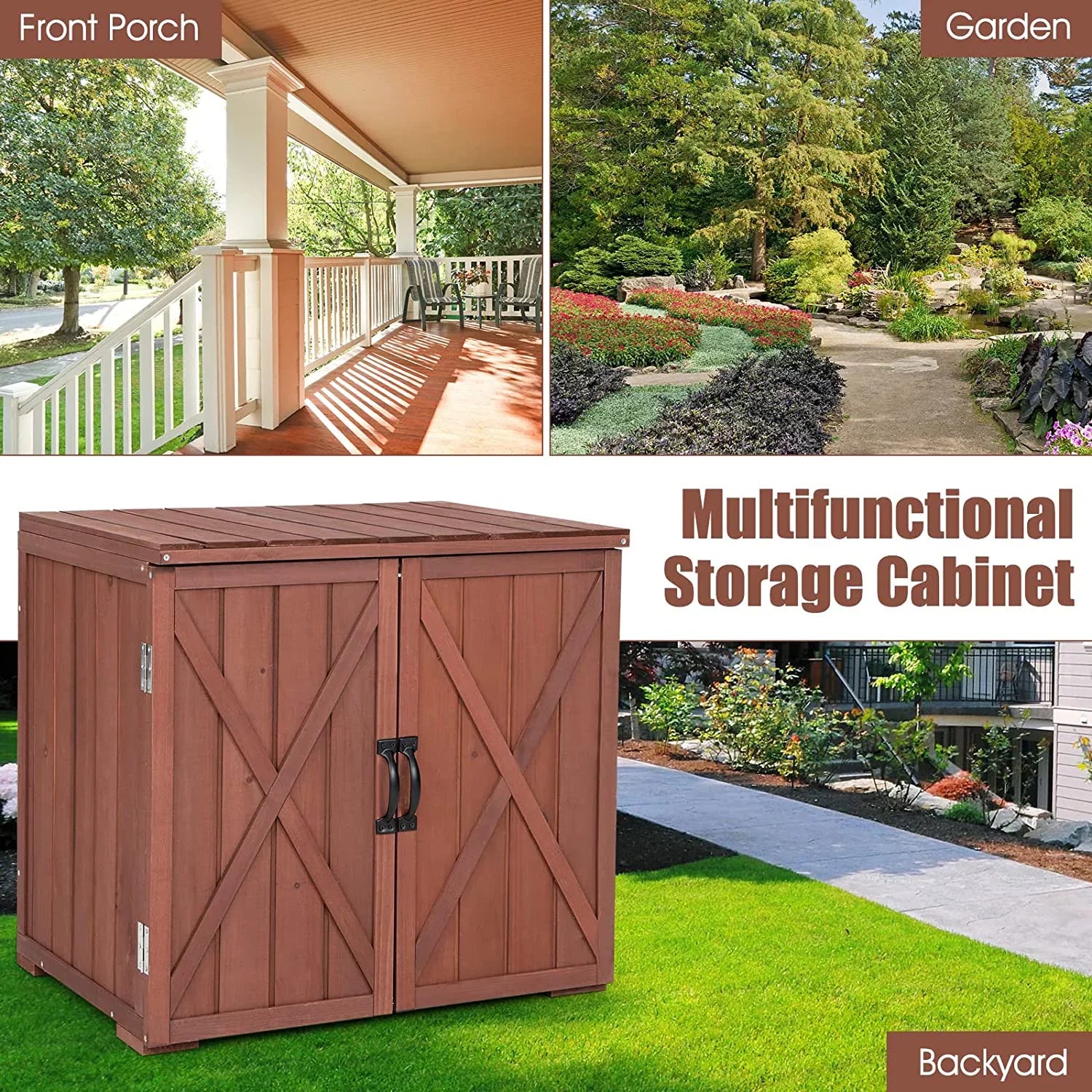 30" Outdoor Storage Box, Wooden Storage Deck Box W/Spacious Inner Space & Countertop, Tool Storage Cabinet Backyard Garden Porch, Easy Assembly, 30" x 22" x 28.5" (Brown)