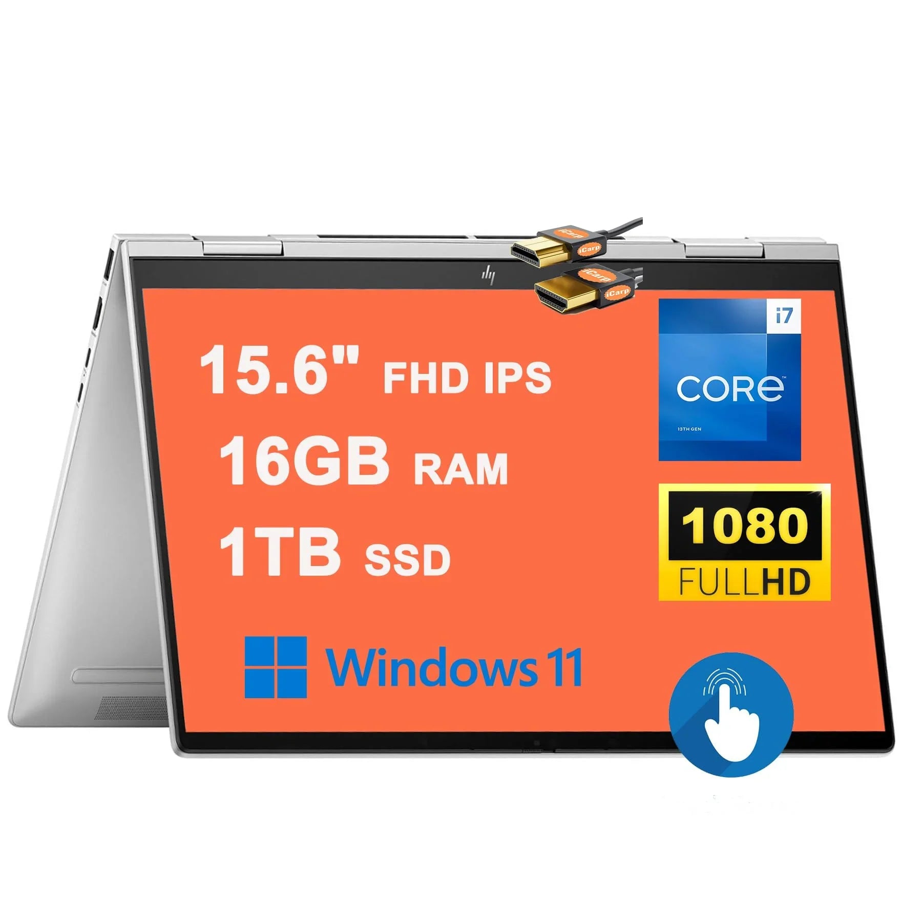 HP Envy X360 15 2-in-1 Laptop 15.6" FHD IPS Touchscreen 13th Gen Intel 10-Core i7-1355U 16GB RAM 1TB SSD Intel Iris Xe Graphics Backlit Thunderbolt USB-C HDMI B&O Win11 Silver + HDMI Cable